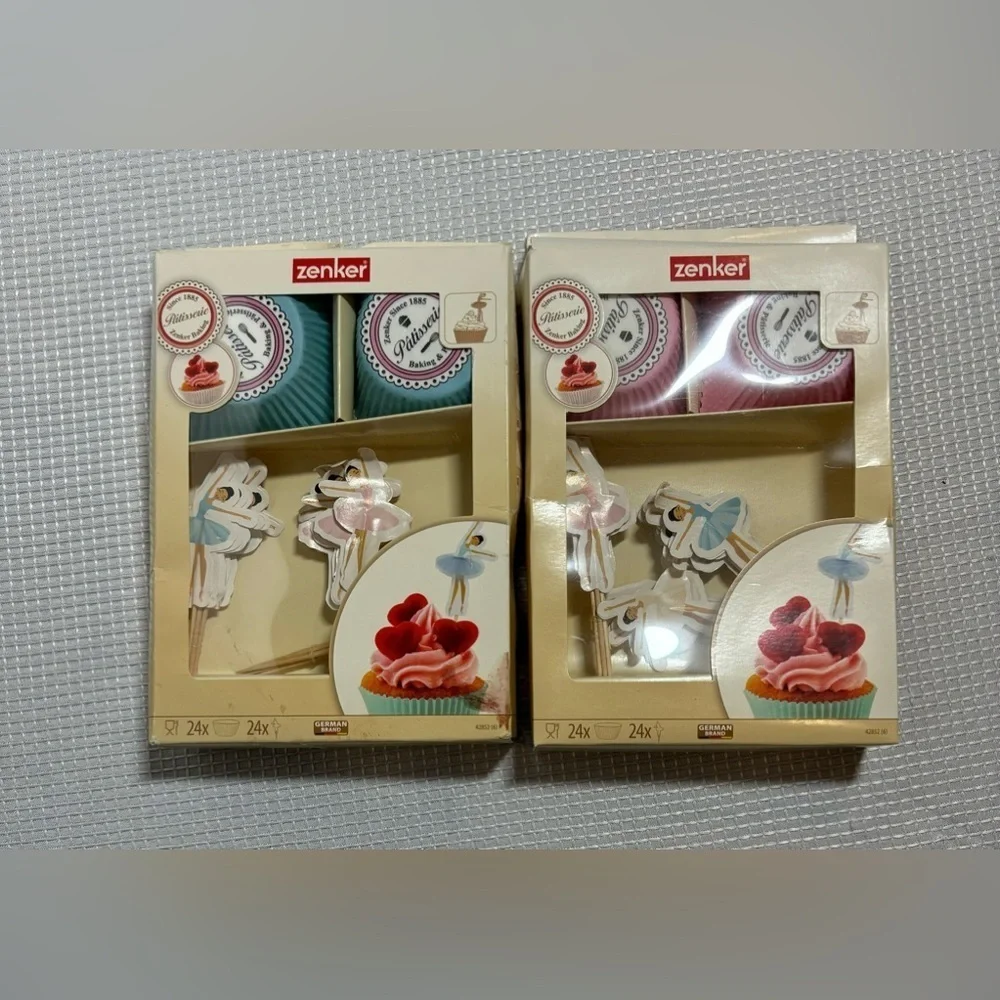 ZENKER 48 ballerina ballet pink & blue cupcake baking tutu wrappers & toppers.